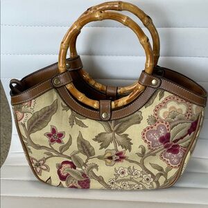 Floral Canvas Bamboo Handle Tote Bag - Beige & Burgundy